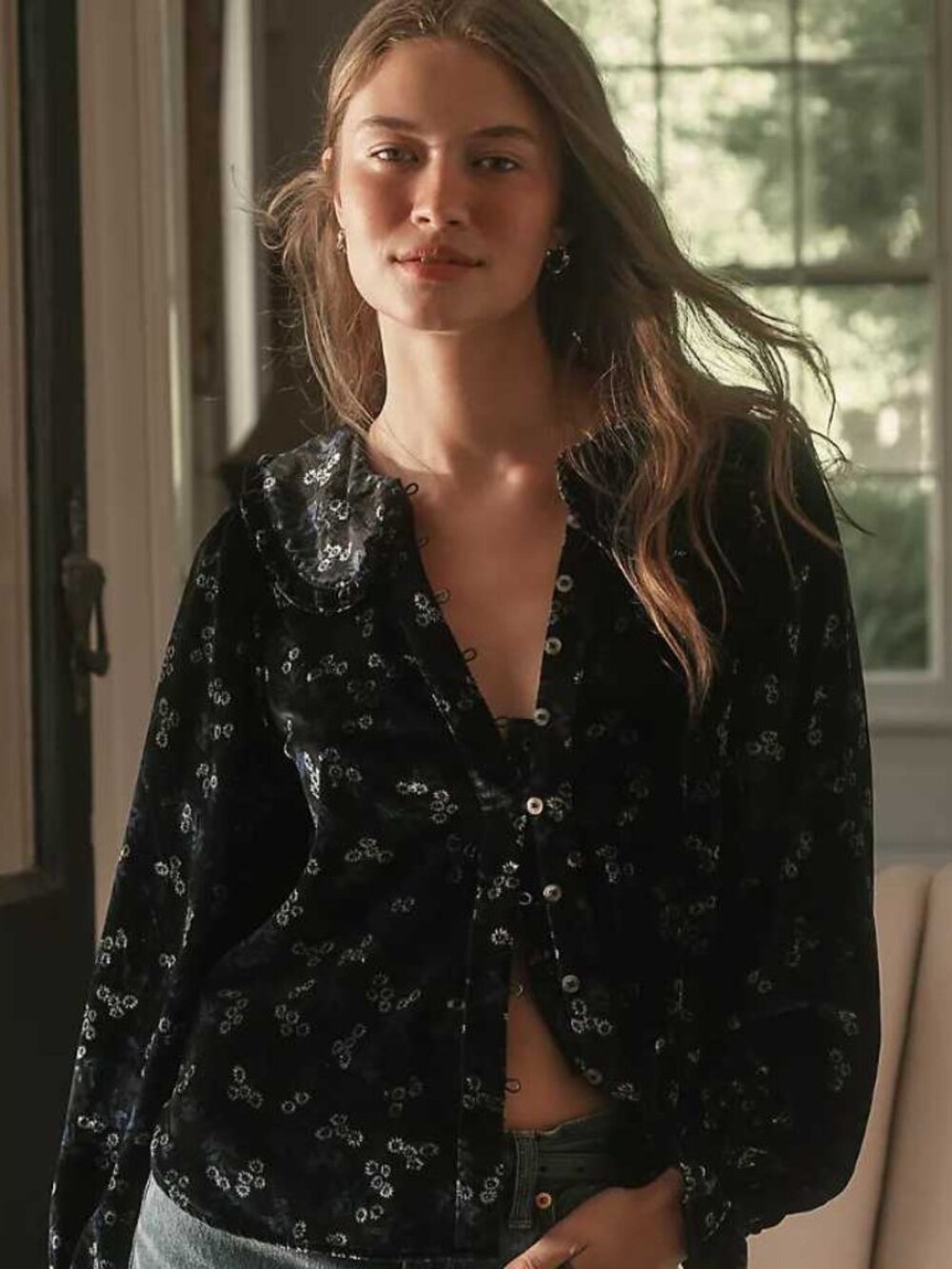 New XS Anthropologie x Pilcro Keira velvet long-sleeve Peter Pan collar blouse